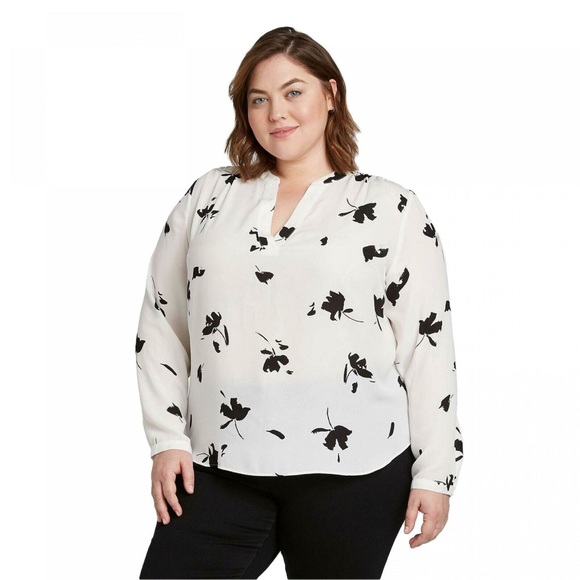 Ava & Viv Tops - Ava & Viv Long Sleeve Floral Blouse Tunic White/Black Floral Women's 3X